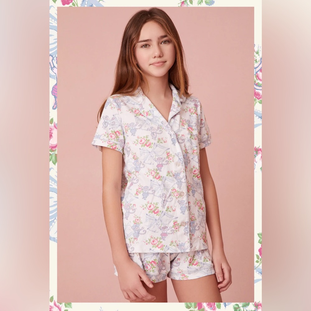 LoveShackFancy Floral Pajama Set - White and Pink